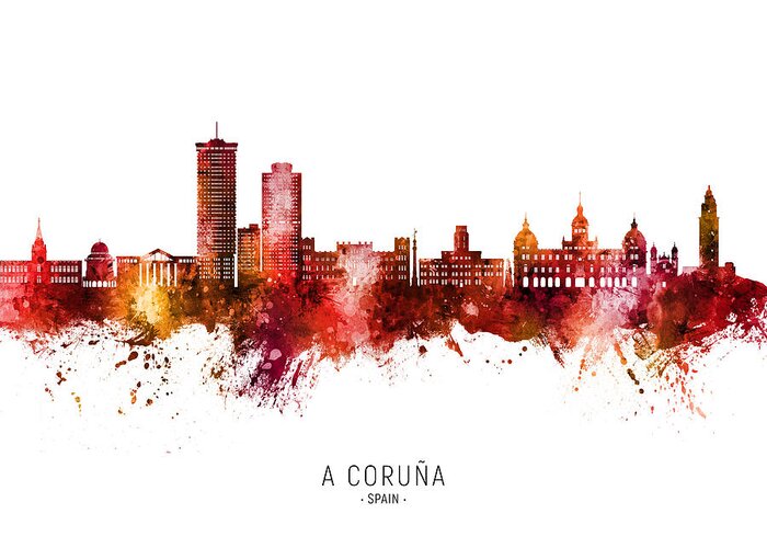 A Coruña Greeting Card featuring the digital art A Coruna Spain Skyline #76 by Michael Tompsett