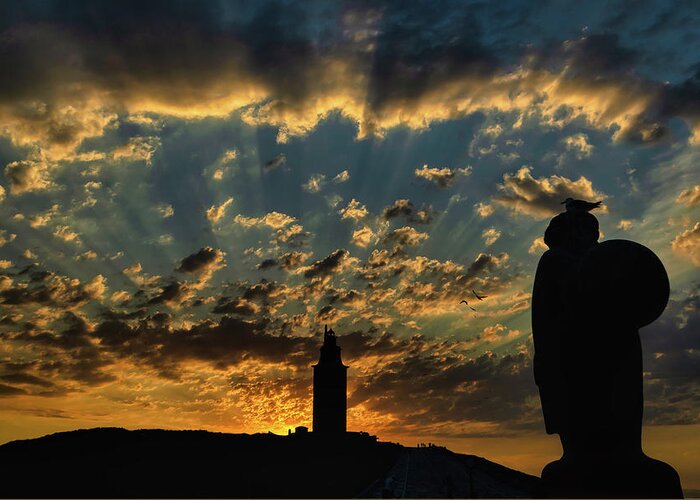 Statue Greeting Card featuring the photograph A Coruna Sunset by Micah Offman