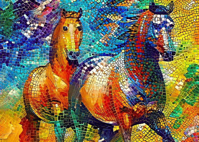 Horse Walking Greeting Card featuring the digital art A couple of horses walking - colorful mosaic by Nicko Prints