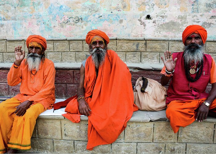 Varanasi Greeting Card featuring the photograph A Day In The Life of Varanasi - Sadhus on the Ghats of the Ganges River by Earth And Spirit