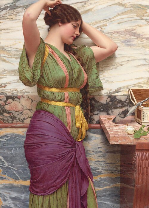John William Godward Greeting Card featuring the painting A fair reflection by John William Godward by John William Godward