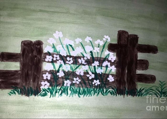 Spring Flowers Greeting Card featuring the painting A Fence Around the Corner by Margaret Welsh Willowsilk