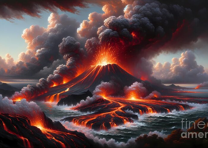 Volcano Greeting Card featuring the painting A fiery volcano erupting on a remote island with lava flowing into the sea by Jeff Creation