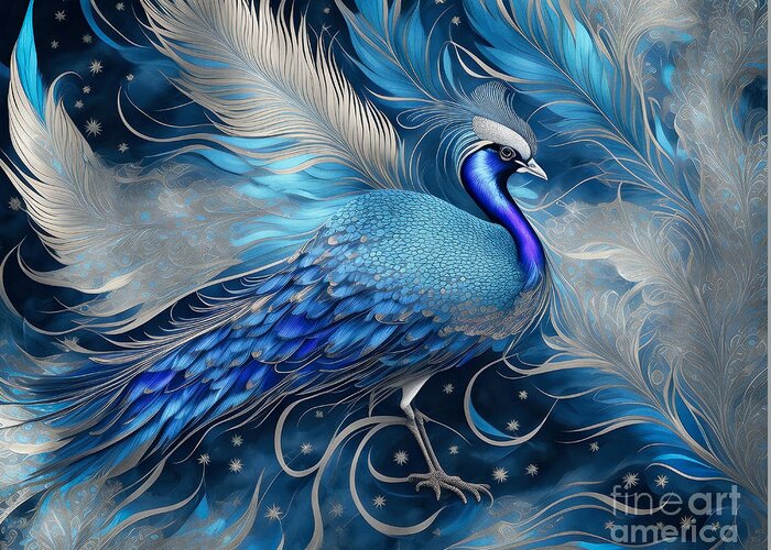 Bird Greeting Card featuring the digital art A Fine Feathered Blue Peacock Friend by Philip Preston