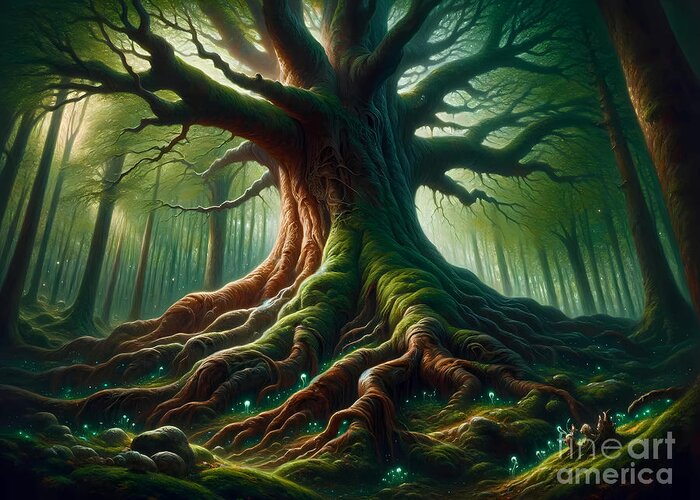 Ancient Greeting Card featuring the painting A giant ancient tree with roots sprawling across an enchanted forest by Jeff Creation
