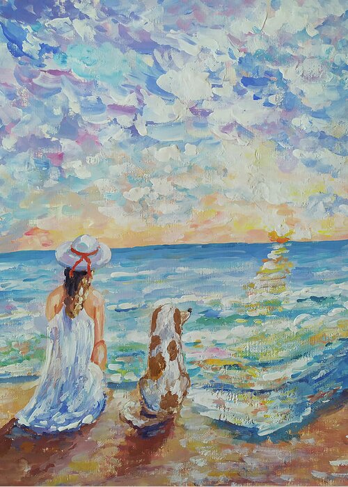 A Girl and Her Dog Original Art Beach Painting Hawaii Seascape Friendship  Greeting Card by Kristina Timofeeva