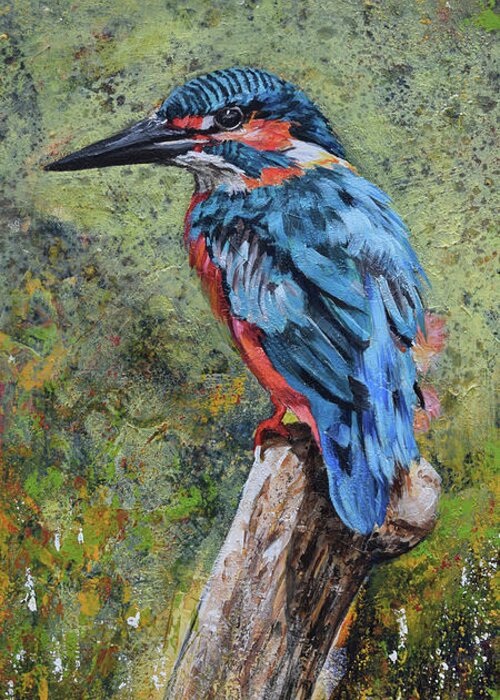 Kingfisher Greeting Card featuring the mixed media A King Goes Fishing by Shawn Conn