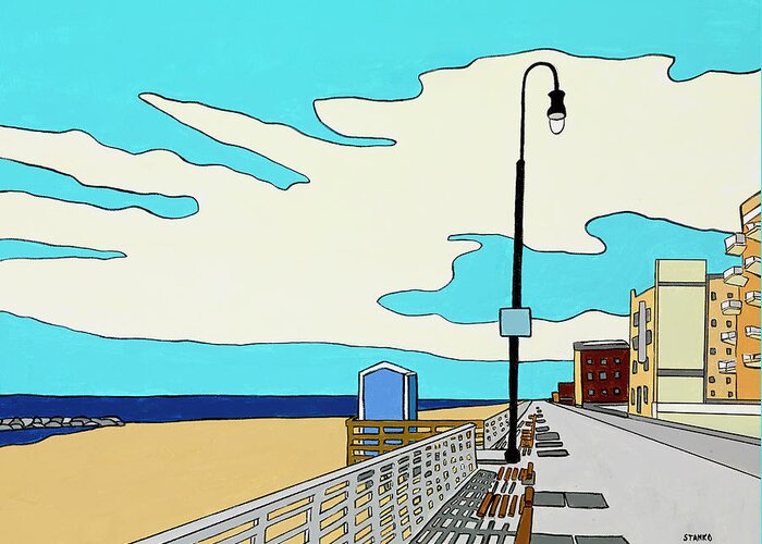 Long Beach Boardwalk Long Island Ocean Sand New York Beach Greeting Card featuring the painting A Long Beach Morning by Mike Stanko