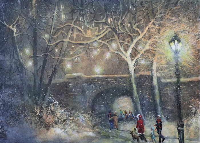 Snowfall Greeting Card featuring the painting A Magical Walk by Tom Shropshire