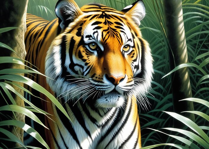Tiger Greeting Card featuring the digital art A Majestic Tiger by Manjik Pictures
