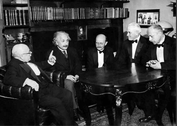 Albert Einstein Greeting Card featuring the photograph A Meeting Of Minds - Physicists Meeting In Berlin - 1931 by War Is Hell Store