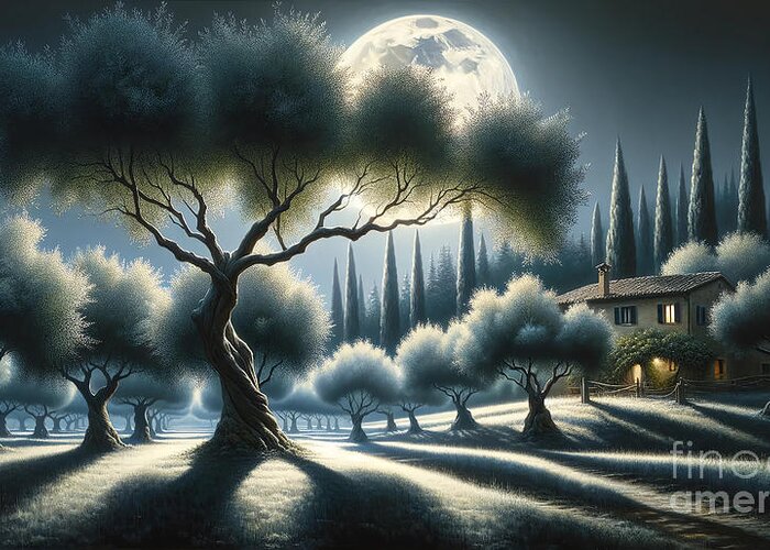 Olive Trees Greeting Card featuring the painting A moonlit grove of olive trees, with a rustic farmhouse in the Italian countryside. by Jeff Creation