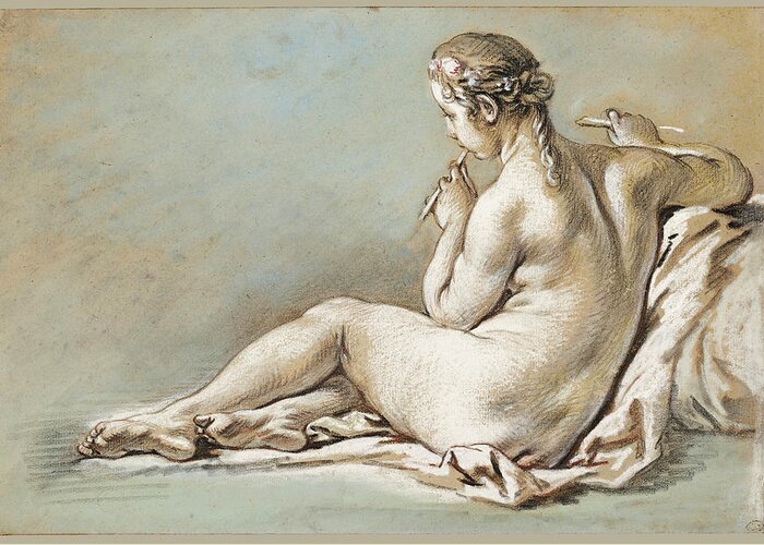 Francois Boucher Greeting Card featuring the drawing A nude woman playing a flute, seen from behind by Francois Boucher