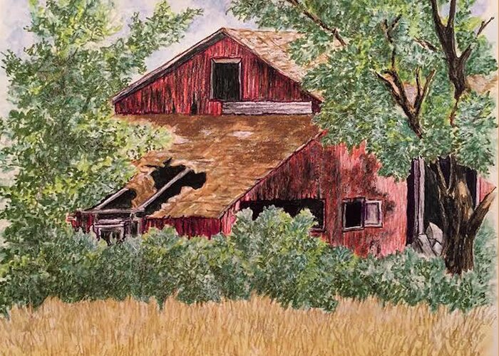 Barns Greeting Card featuring the drawing A Past Hidden Away by Yvonne Blasy