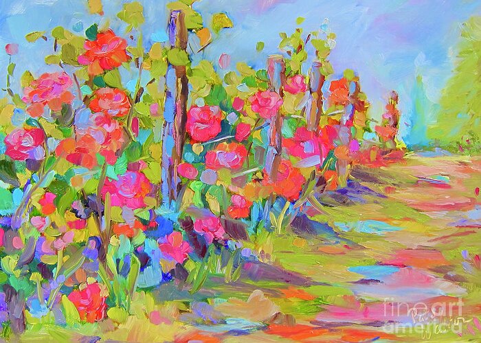 Path Flowers Fence Garden Greeting Card featuring the painting A Path Well Chosen by Patsy Walton
