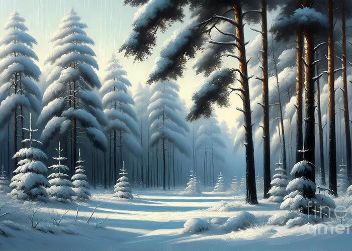 Snow Greeting Card featuring the painting A peaceful snowy scene in a dense pine forest by Jeff Creation