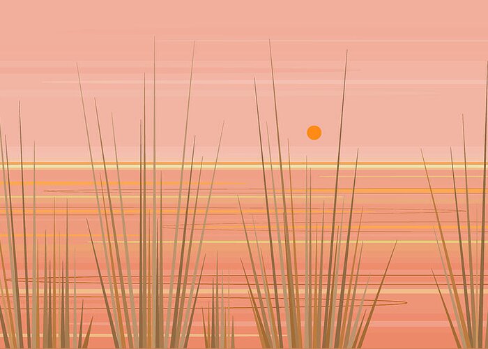 A Peachy Day - Peach Seascape With An Orange Sun Greeting Card featuring the digital art A Peachy Day - Peach Seascape with an Orange Sun by Val Arie