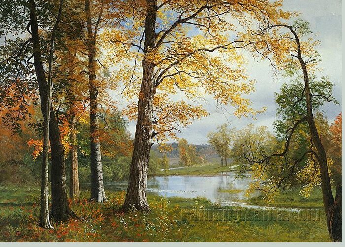 Architecture Greeting Card featuring the painting A Quiet Lake by Albert Bierstadt2 by MotionAge Designs
