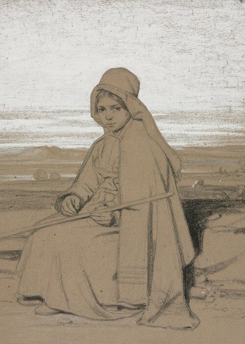 A Seated Shepherdess 1800s Jules Dupre French 1811 To 1889 Greeting Card featuring the painting A Seated Shepherdess 1800s Jules Dupre French 1811 to 1889 by MotionAge Designs