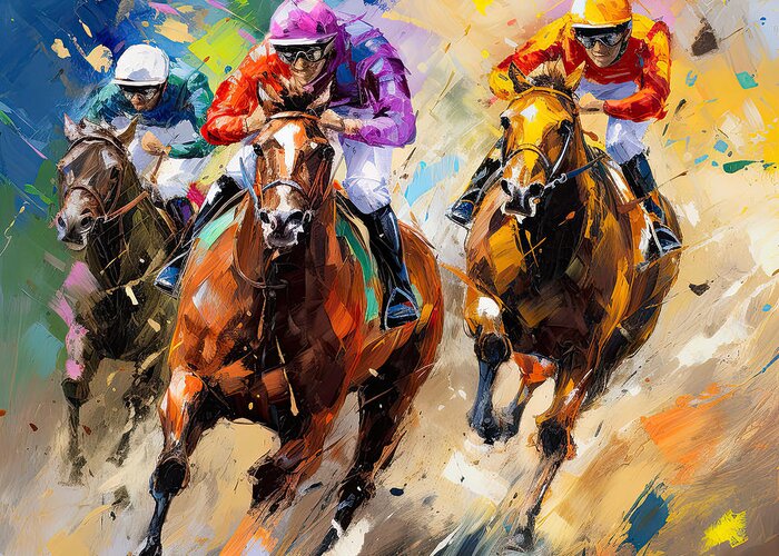 Horse Racing Greeting Card featuring the painting A Symphony of Speed by Lourry Legarde