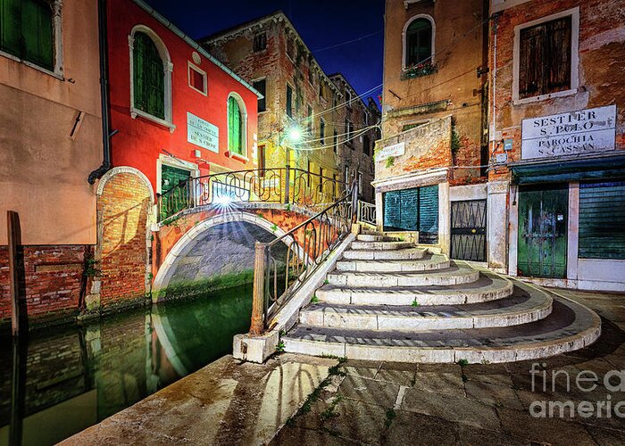 Night Greeting Card featuring the photograph A Venice's corner by night by The P