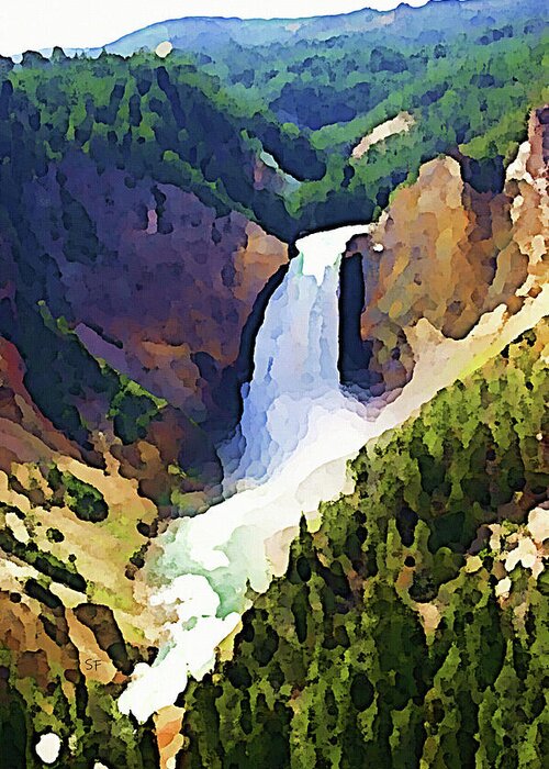 Landscape Greeting Card featuring the mixed media A Waterfall at Yellowstone by Shelli Fitzpatrick