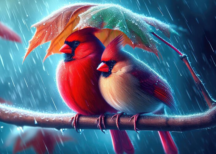 Male Cardinal Greeting Card featuring the photograph A Wet and Wonderful Encounter by Bill and Linda Tiepelman
