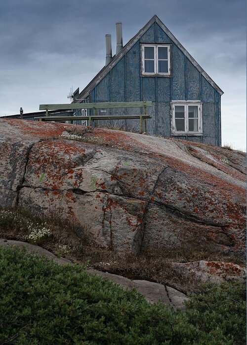 Greenland Greeting Card featuring the photograph A wooden house in Disco bay by Anges Van der Logt