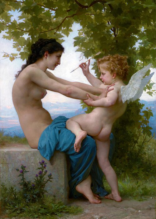 William-adolphe Bouguereau Greeting Card featuring the painting A Young Girl Defending Herself Against Eros, circa 1880 by William-Adolphe Bouguereau