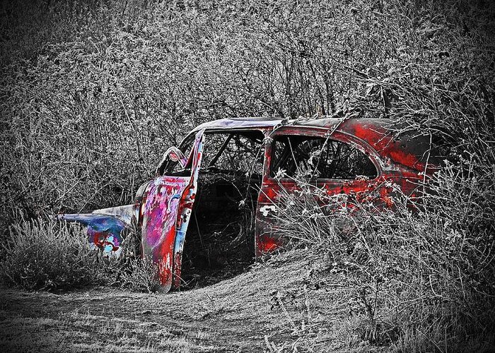In Focus Greeting Card featuring the digital art Abandone Car At Sperfish Lake by Fred Loring