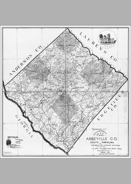 South Carolina Map Greeting Card featuring the photograph Abbeville County South Carolina Vintage Topographical Map 1894 Black and White by Carol Japp