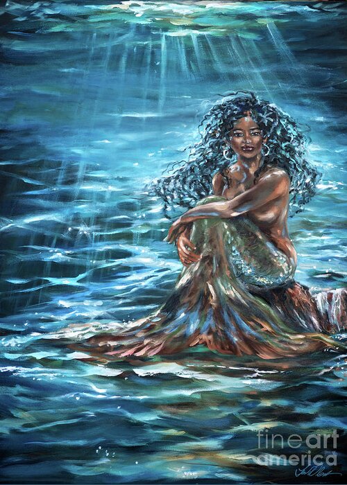 Mermaid Greeting Card featuring the painting Above or Below the Sea by Linda Olsen