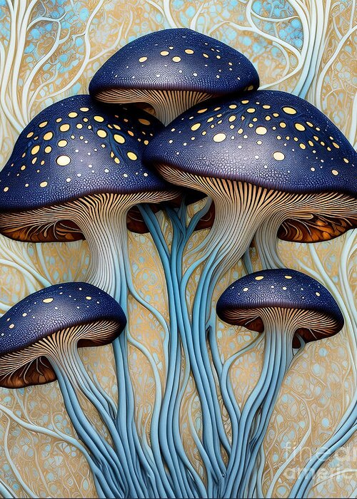 Mushrooms Greeting Card featuring the digital art Abstract Blue Speckled Mushrooms by Philip Preston