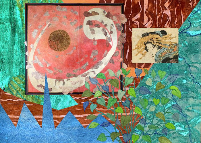 Asian Influence Greeting Card featuring the mixed media Abstract Collage by Lorena Cassady