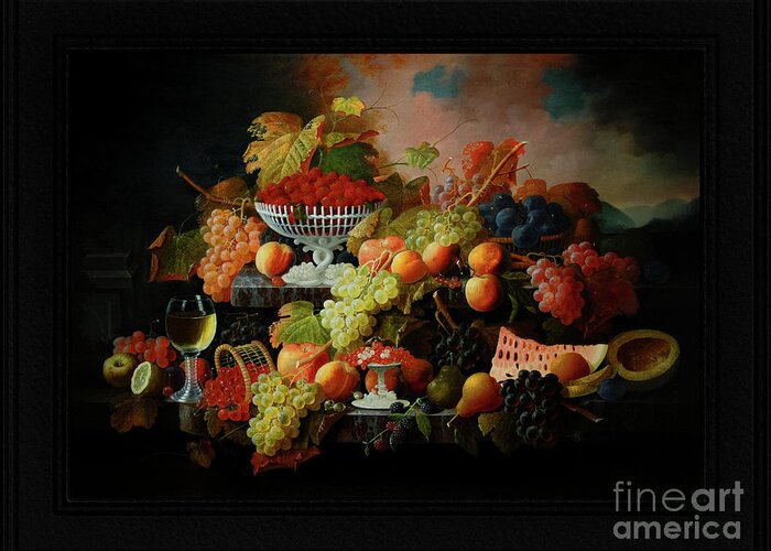 Abundance Of Fruit Greeting Card featuring the painting Abundance of Fruit by Severin Roesen Old Masters Classical Fine Art Reproduction by Rolando Burbon