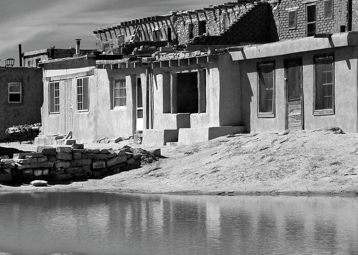 Acoma Pueblo Greeting Card featuring the photograph Acoma Pueblo Adobe Homes B W by Mike McGlothlen