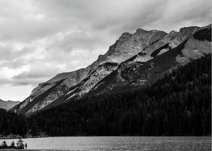 Admiring Two Jack Lake Black And White Greeting Card featuring the photograph Admiring Two Jack Lake Black And White by Dan Sproul