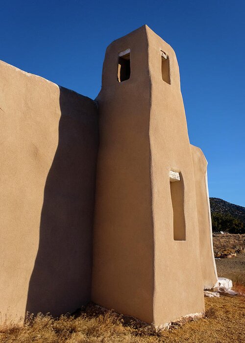 Architecture Greeting Card featuring the photograph Adobe Church Bell Tower in Golden New Mexico by Mary Lee Dereske