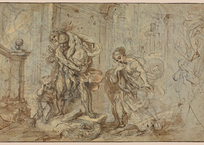 Federico Barocci Greeting Card featuring the drawing Aeneas Saving Anchises at the Fall of Troy by Federico Barocci