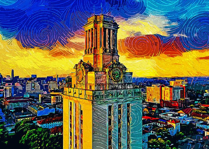 Main Building Greeting Card featuring the digital art Aerial of the Main Building of the University of Texas at Austin - impressionist painting by Nicko Prints