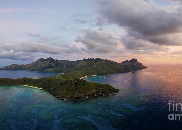 Asia Pacific Greeting Card featuring the photograph Aerial panorama of the sunset over the Waya island in Fiji by Didier Marti