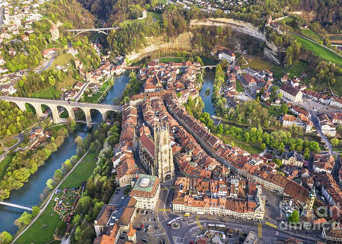 Europe Greeting Card featuring the photograph Aerial view of Fribourg medieval old town with its gothic Cathed by Didier Marti