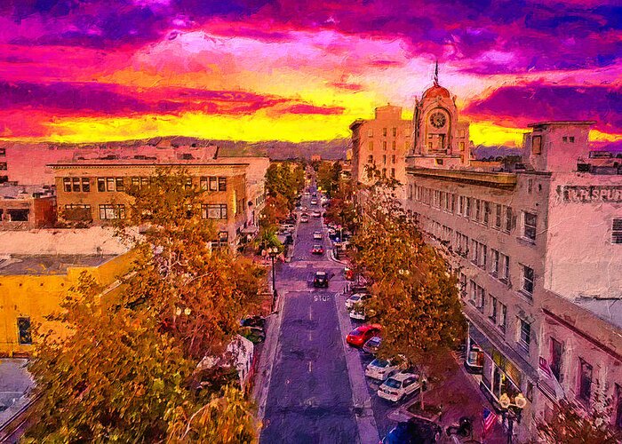 W 4th Street Greeting Card featuring the digital art Aerial view of W 4th Street in downtown Santa Ana - digital painting by Nicko Prints