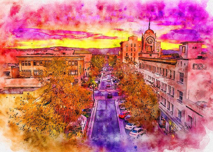 W 4th Street Greeting Card featuring the digital art Aerial view of W 4th Street in downtown Santa Ana - pen and watercolor by Nicko Prints