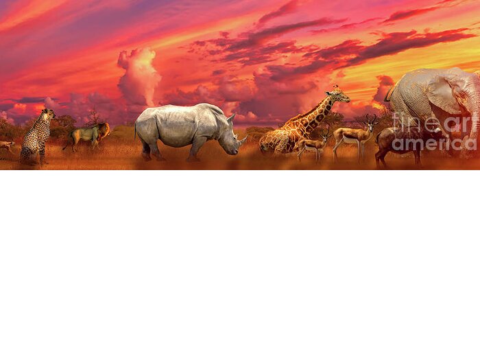 Tanzania Greeting Card featuring the photograph African animals sunset panorama by Benny Marty