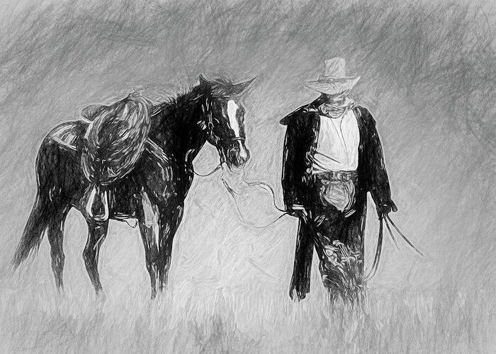 2013 Greeting Card featuring the digital art After a Long Ride - Sketch by Bruce Bonnett