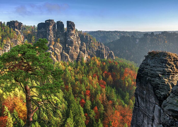 Saxon Switzerland Greeting Card featuring the photograph After sunrise on the Bastei rocks by Sun Travels