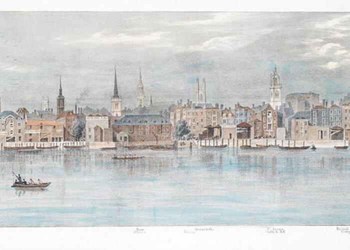 Modern Greeting Card featuring the painting AFTER THOMAS MANN BAYNES British, 1794 1854 'Proposed Improvements on the Bank of the Thames' 8 by Timeless Images Archive