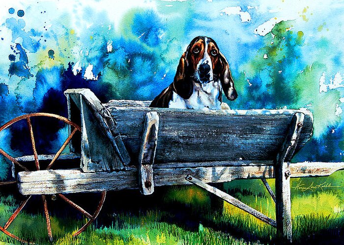 Dog In Wheelbarrow Greeting Card featuring the painting Ah Pooey by Hanne Lore Koehler