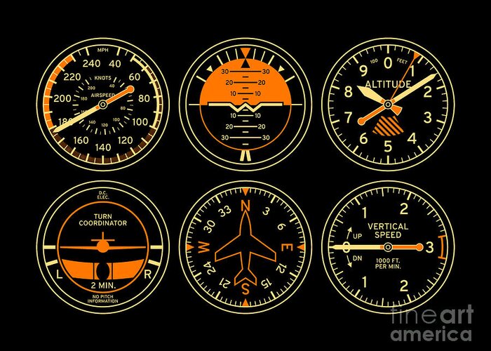 Aircraft Greeting Card featuring the digital art Aircraft Flight Instruments - 6 Pack Black by Organic Synthesis